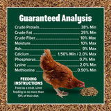Guaranteed analysis chart for Premium Grubs black soldier fly larvae showing protein, fat, fiber, calcium, phosphorus, lysine, and feeding instructions.