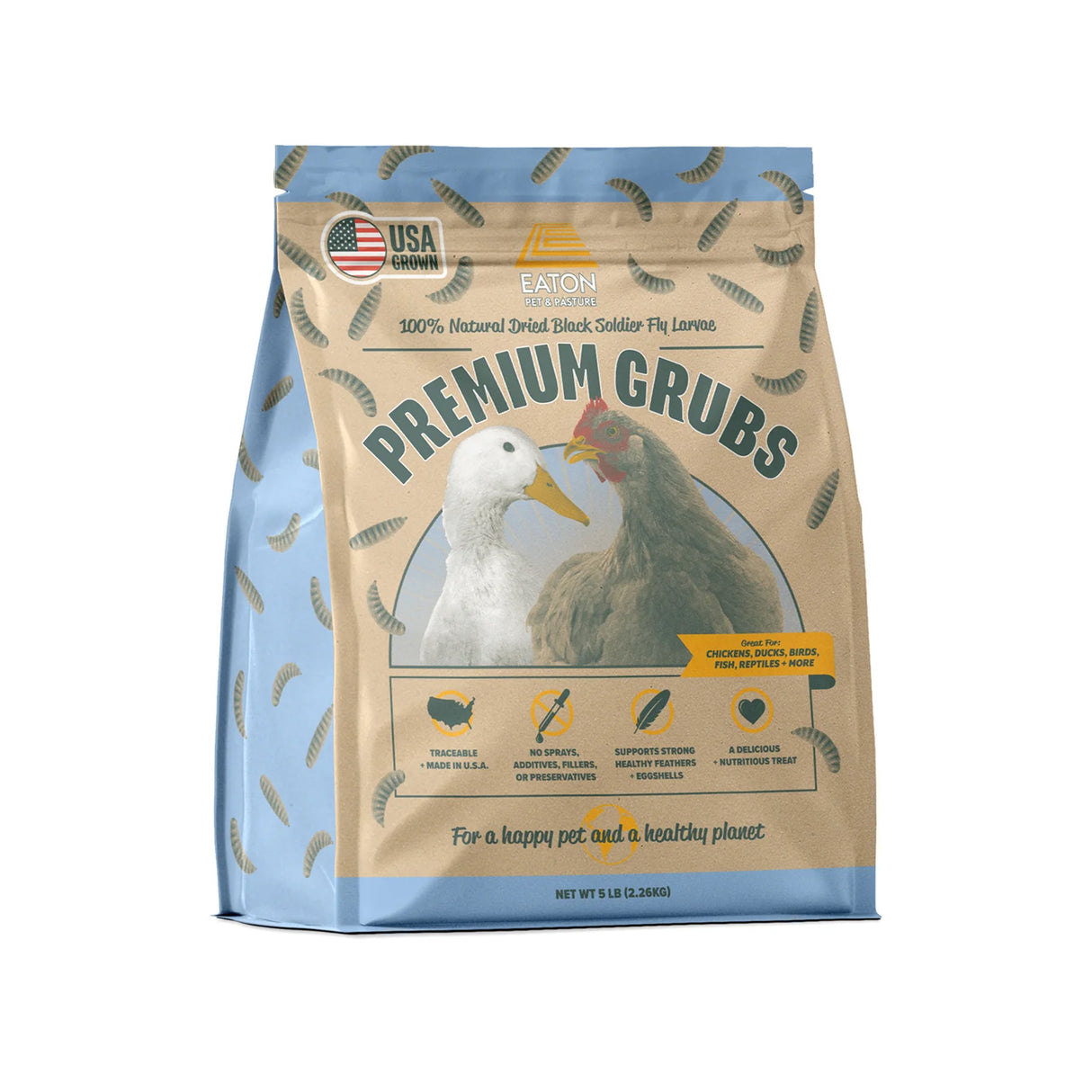 Eaton Pet & Pasture Premium Grubs, 5 lb bag of USA-grown dried black soldier fly larvae for poultry, birds, fish, reptiles, and ducks.