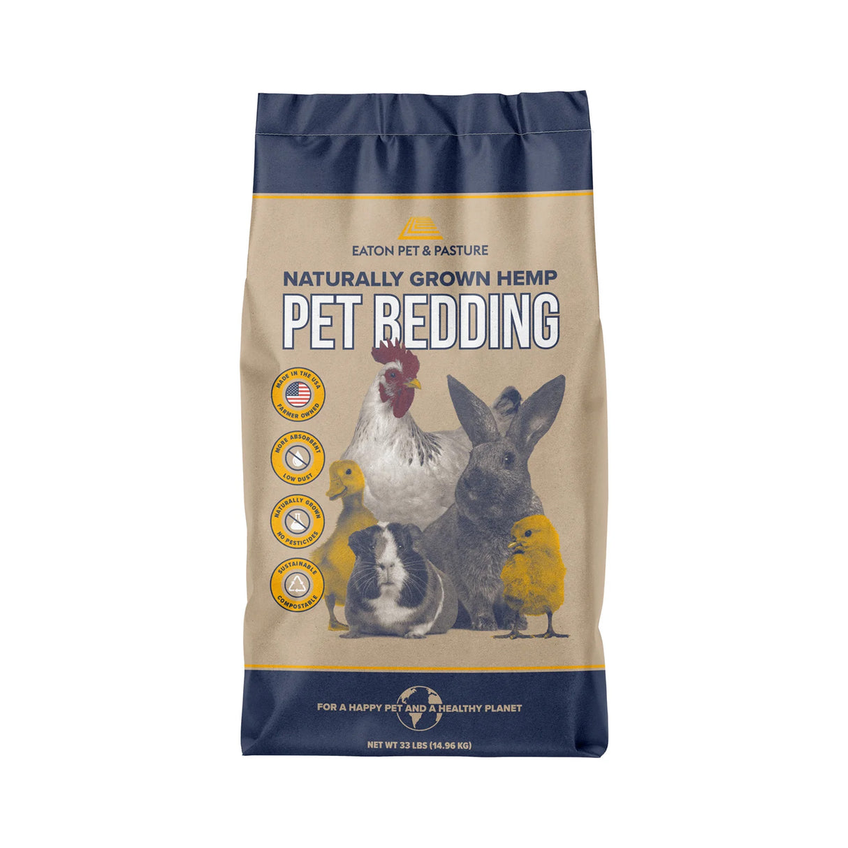 Naturally Grown Premium Hemp Pet Bedding 33 lb bag by Eaton Pet & Pasture, low-dust and highly absorbent hemp bedding for poultry, rabbits, guinea pigs, and small animals.