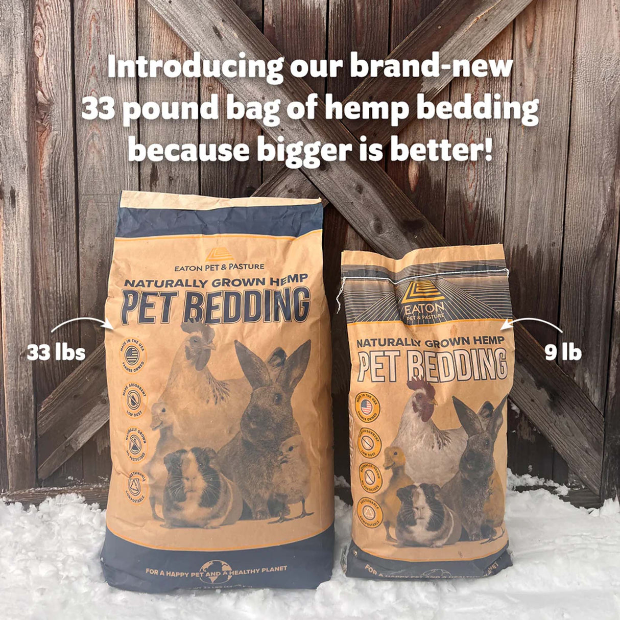 Naturally Grown Premium Hemp Pet Bedding 33 lb compared to a 9 lb bag, showing larger size and greater bedding capacity for animal enclosures and coops.