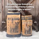 Naturally Grown Premium Hemp Pet Bedding 33 lb compared to a 9 lb bag, showing larger size and greater bedding capacity for animal enclosures and coops.