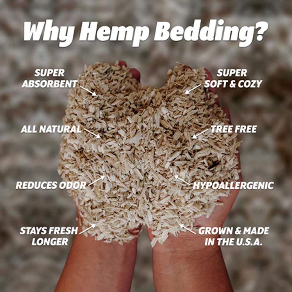 Close-up of Naturally Grown Premium Hemp Pet Bedding highlighting absorbency, softness, odor reduction, hypoallergenic properties, and USA-grown hemp fibers.