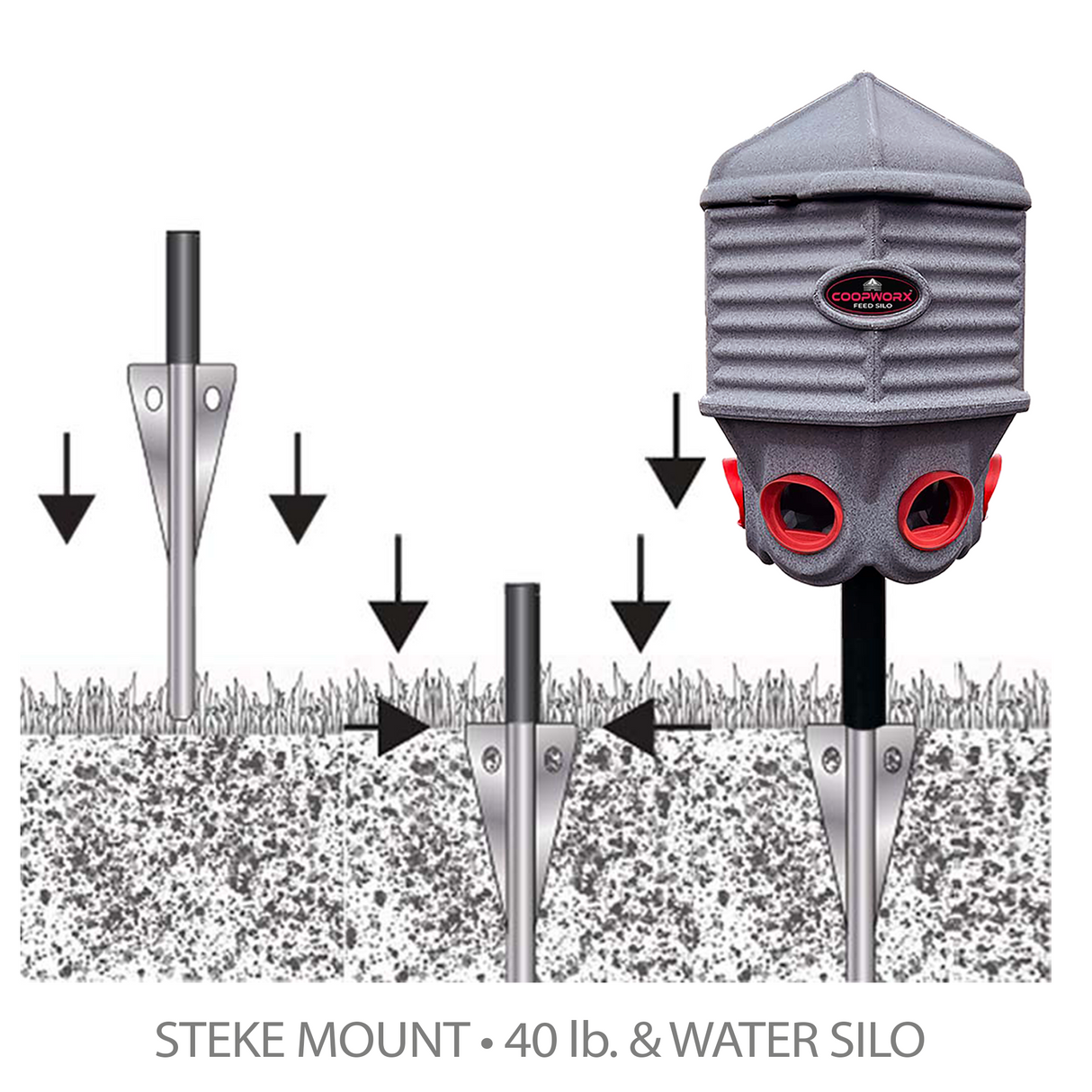 Hatching Time Coopworx 80 lb feeder silo can be seen in image in example of how to use stake mount with in ground installation.