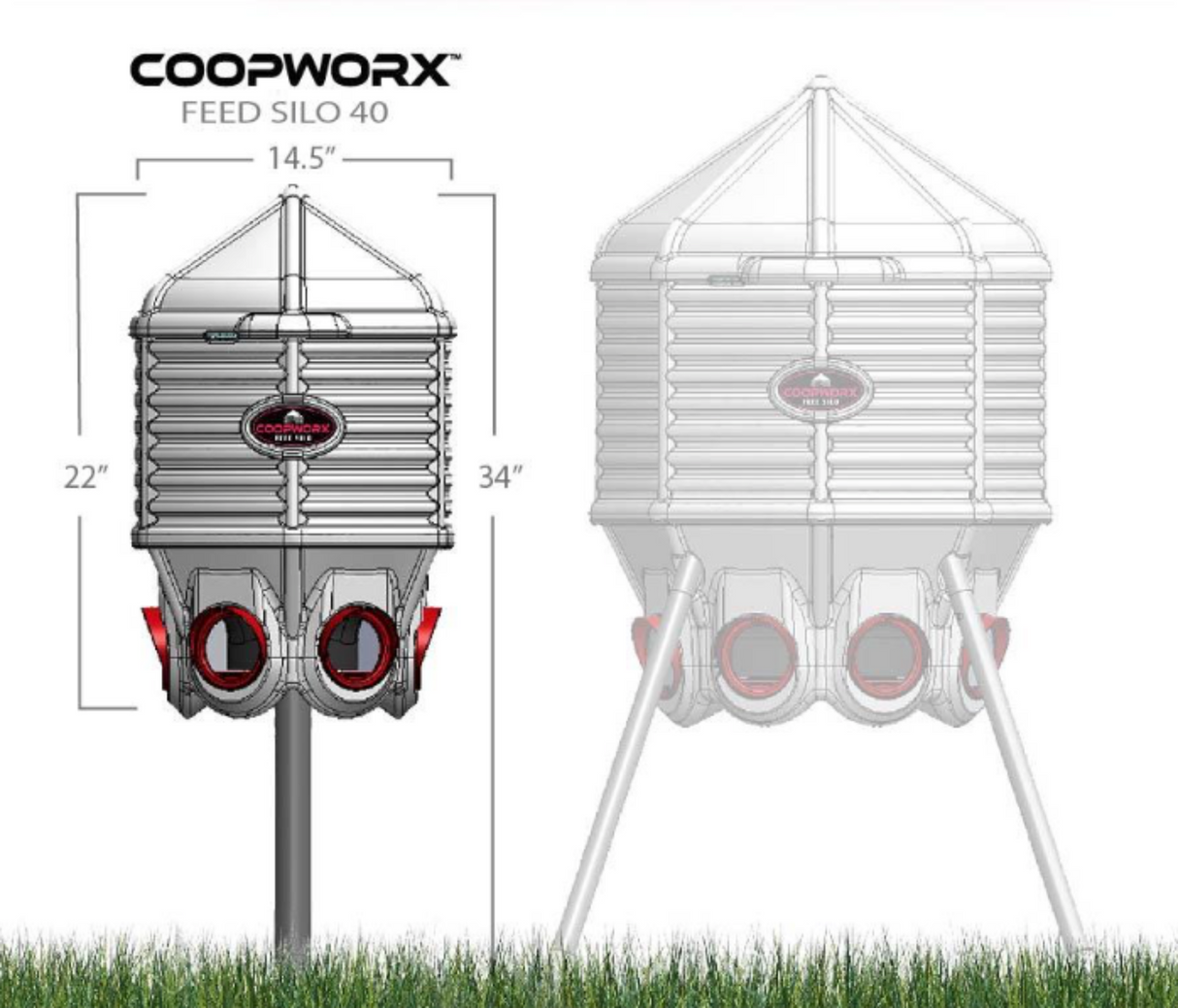 Hatching Time Coopworx 40 lb feeder silo can be seen in image with size specifications.