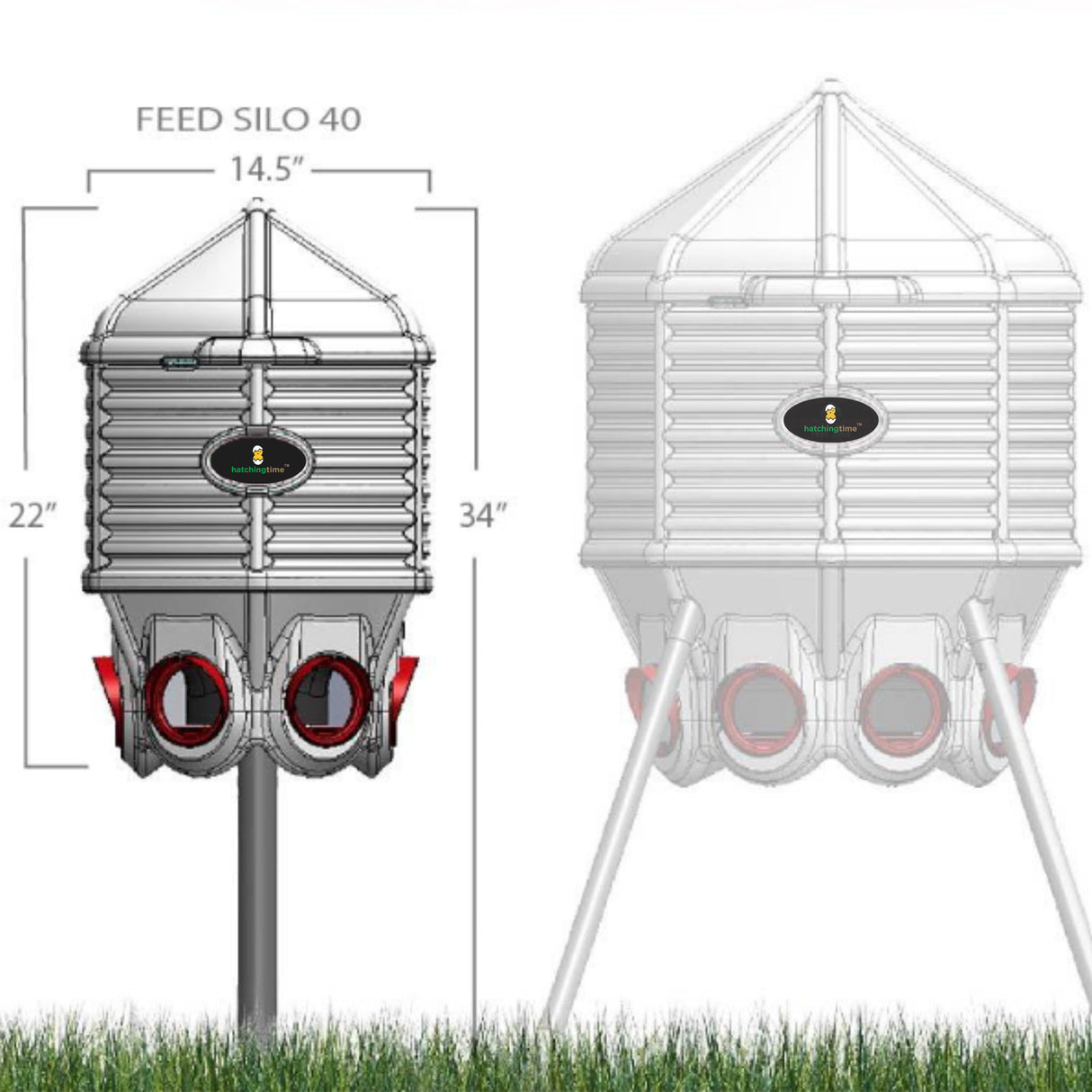 Hatching Time Coopworx 40 lb feeder silo can be seen in image with size specifications.