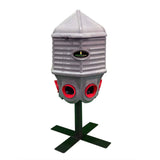 Bird feeder with a gray top and red sides on a white background