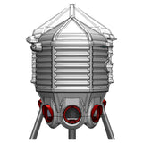 Technical drawing of a cylindrical mechanical component with ribbed design and red circular elements on a white background A 3D rendering of the outside of the 40lb Feed Silo