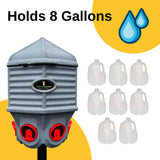A Infographic showing the silo holds 8 gallon shown with 8 individual gallons of water next to the 8 Gallon feed silo