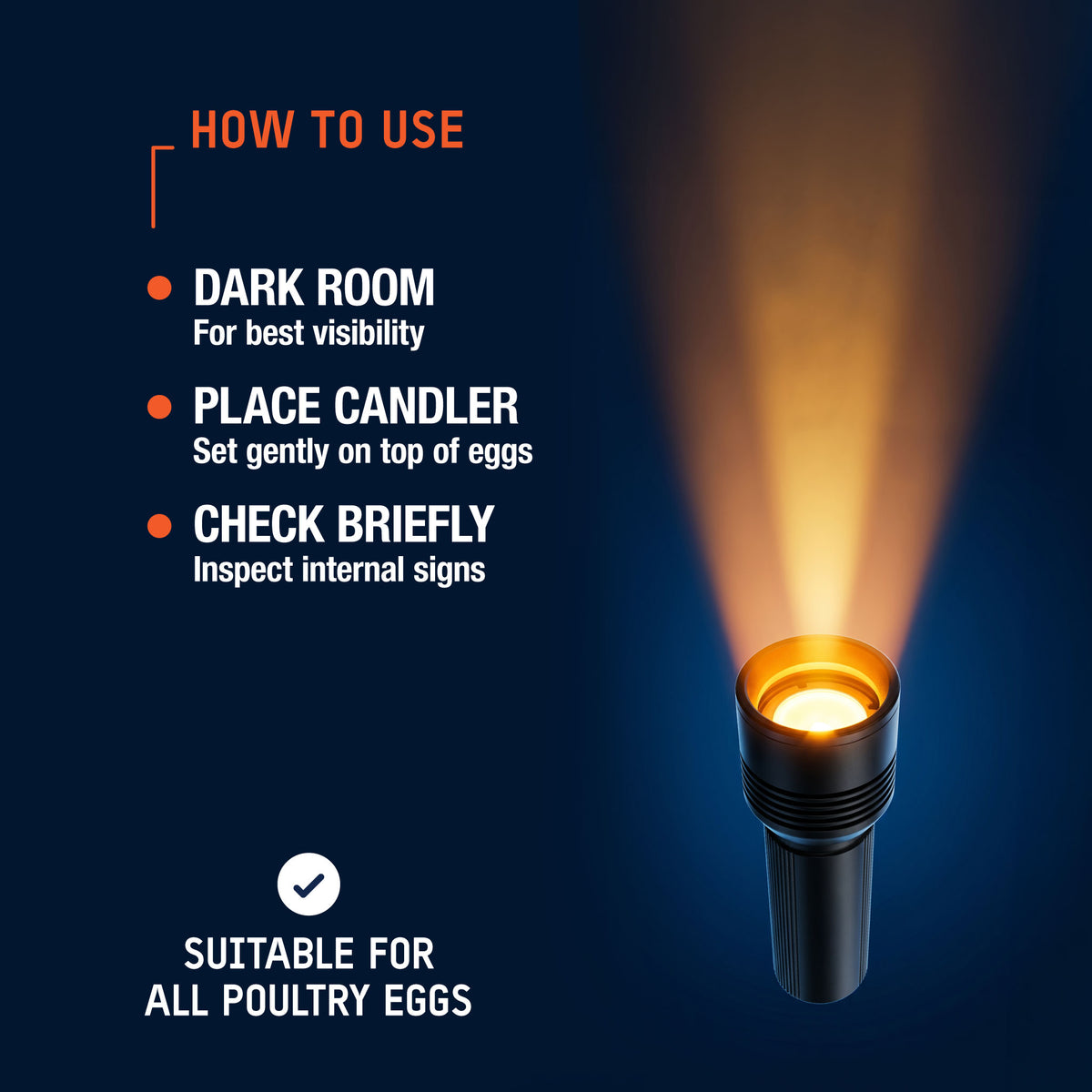 Hatching Time egg candler instructions for checking poultry eggs in a dark room during incubation