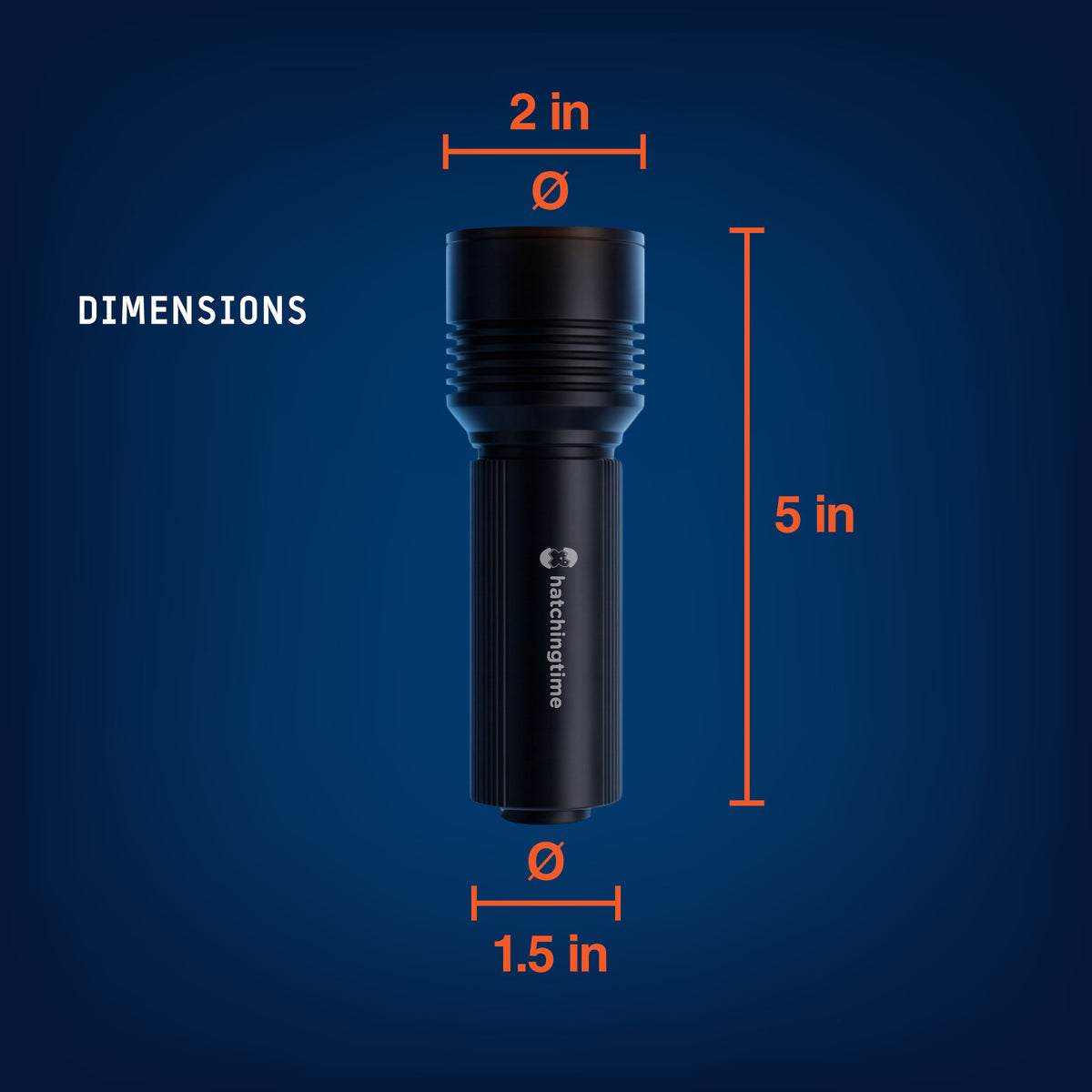 Hatching Time egg candler dimensions showing 5-inch length, 2-inch light head, and 1.5-inch handle diameter