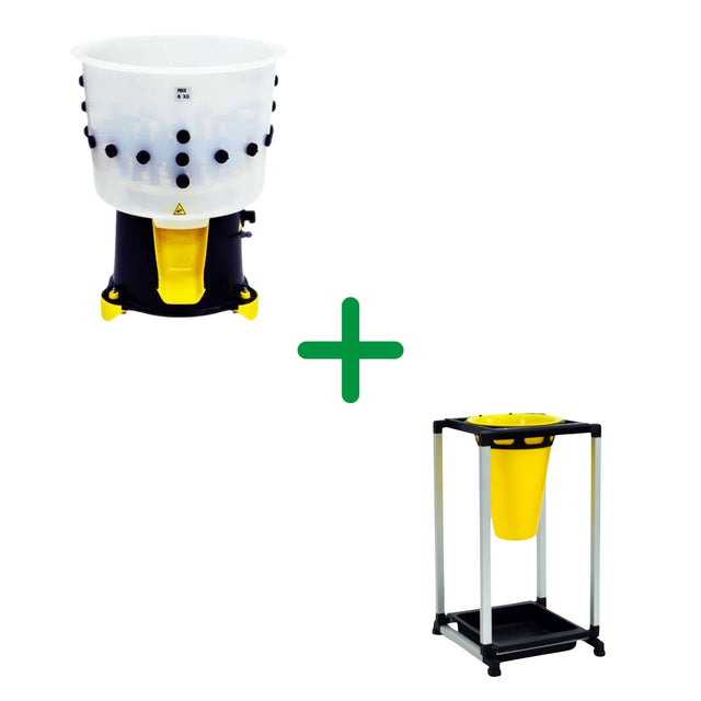 The image shows two products, a chicken processing unit and a feather plucker, both primarily in white and yellow colors with the unit having black details and rust-proof aluminum legs.