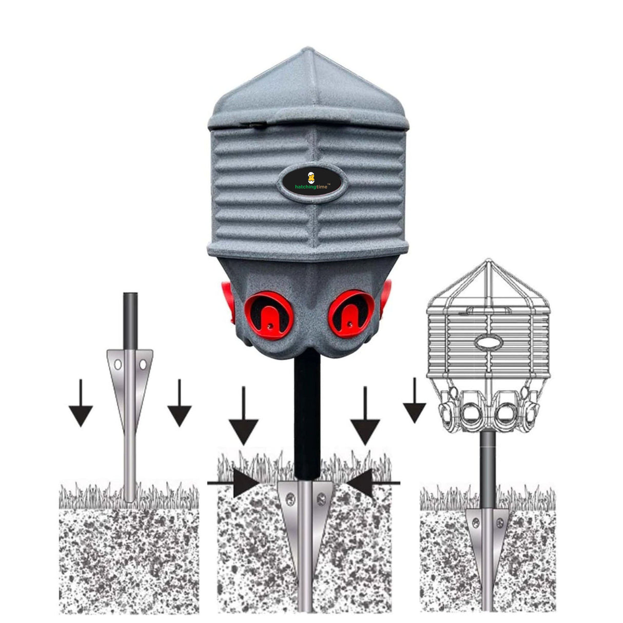 Hatching Time Coopworx 80 lb feeder silo can be seen in image in example of how to use stake mount with in ground installation.