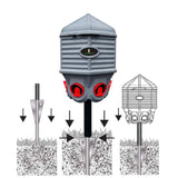 Hatching Time Coopworx 80 lb feeder silo can be seen in image in example of how to use stake mount with in ground installation.