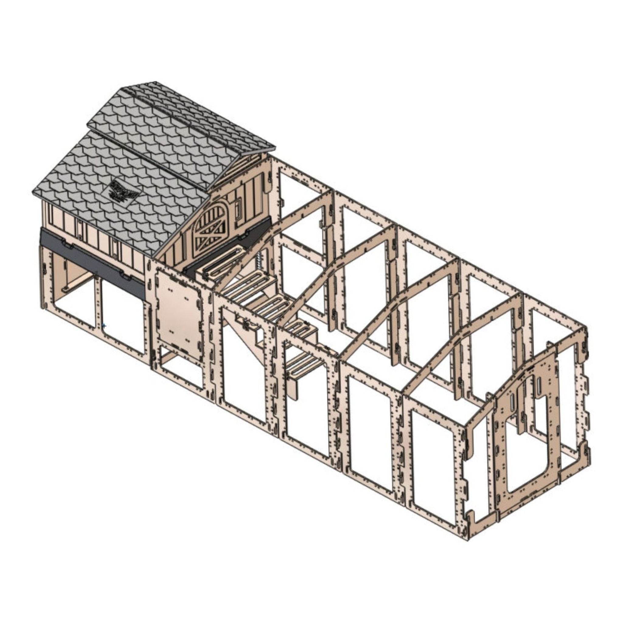 Hatching Time 3D rendering of Standard Formex Chicken coop extension kit. Kit shows longer chicken coop run and chicken coop on top of stand and stairs addition. Without chicken wire