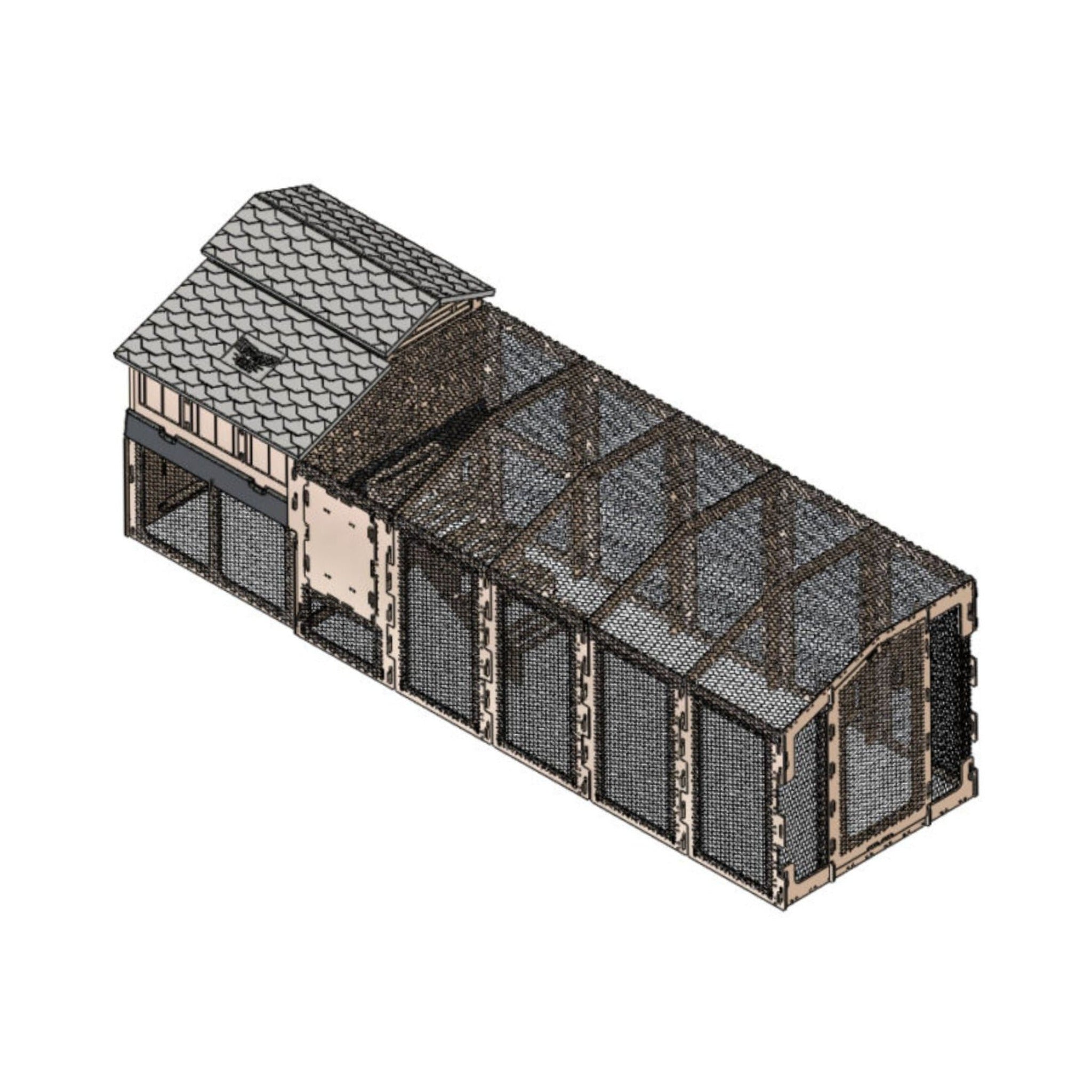 Hatching Time 3D rendering of Standard Formex Chicken coop extension kit. Kit shows longer chicken coop run and chicken coop on top of stand and stairs addition. Without chicken wire