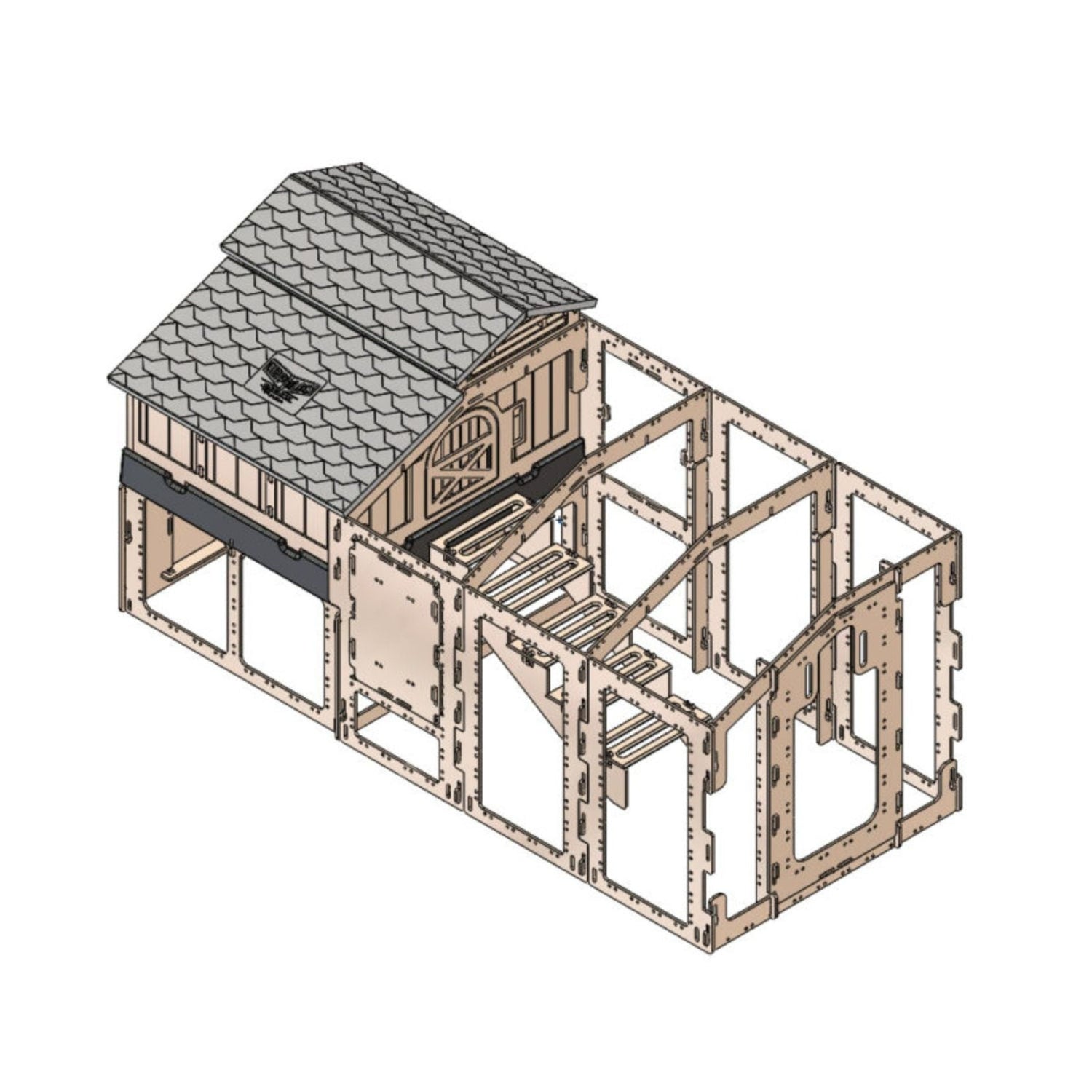 Hatching Time. 3D rendering of standard chicken coop run by Formex without chicken wire