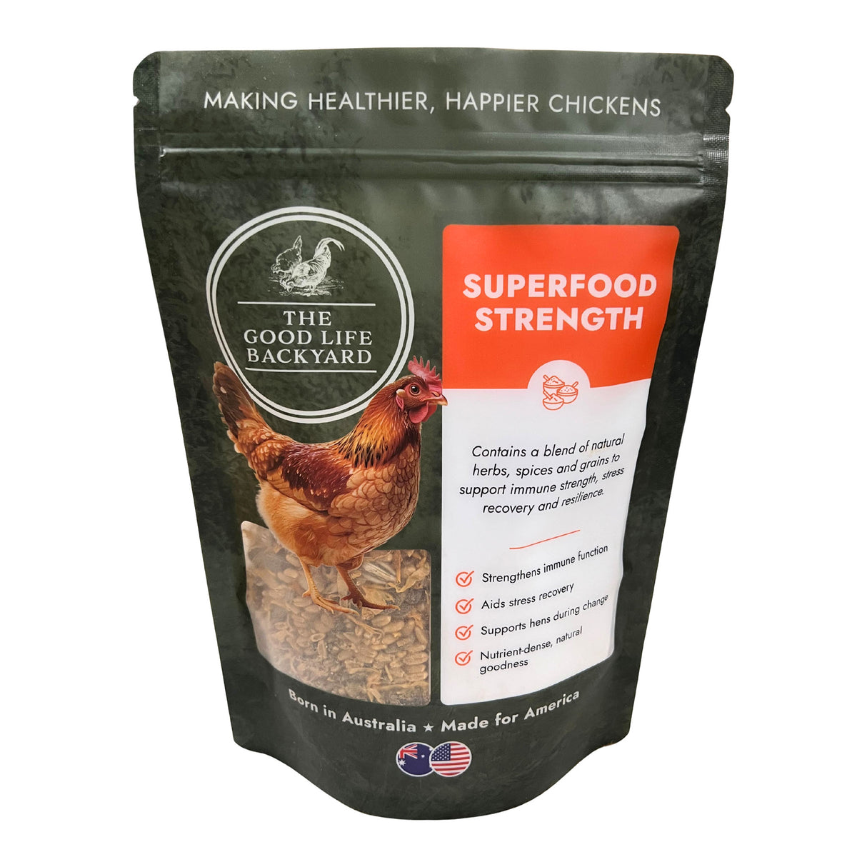 Superfood Strength Package of 'The Good Life Backyard' chicken feed with a chicken on a white background