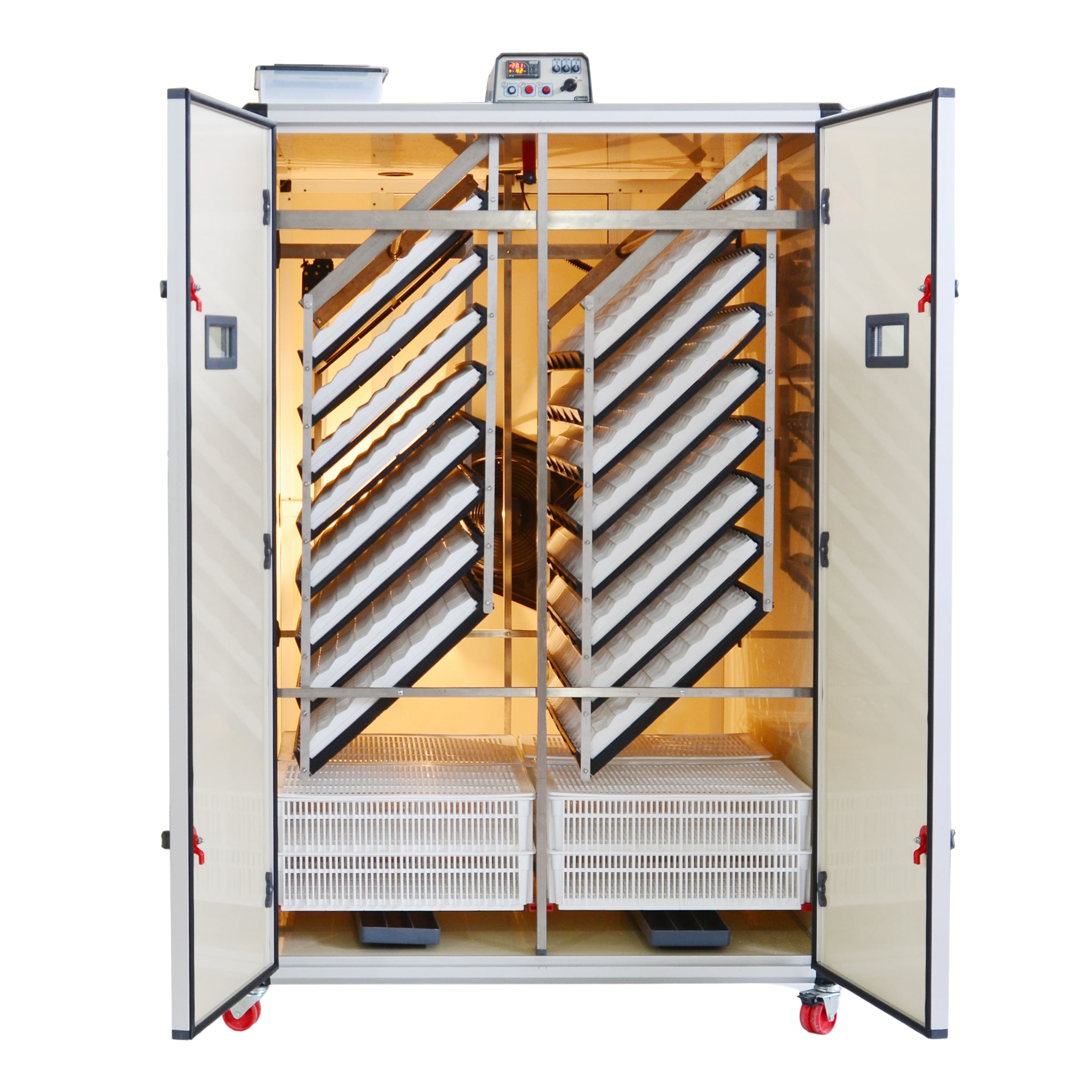 Hatching Time Cimuka 3200C Automatic Egg Incubator shown with doors open showing lighted interior with 16 setting trays and 4 hatching baskets inside. Digital control panel on top of incubator.
