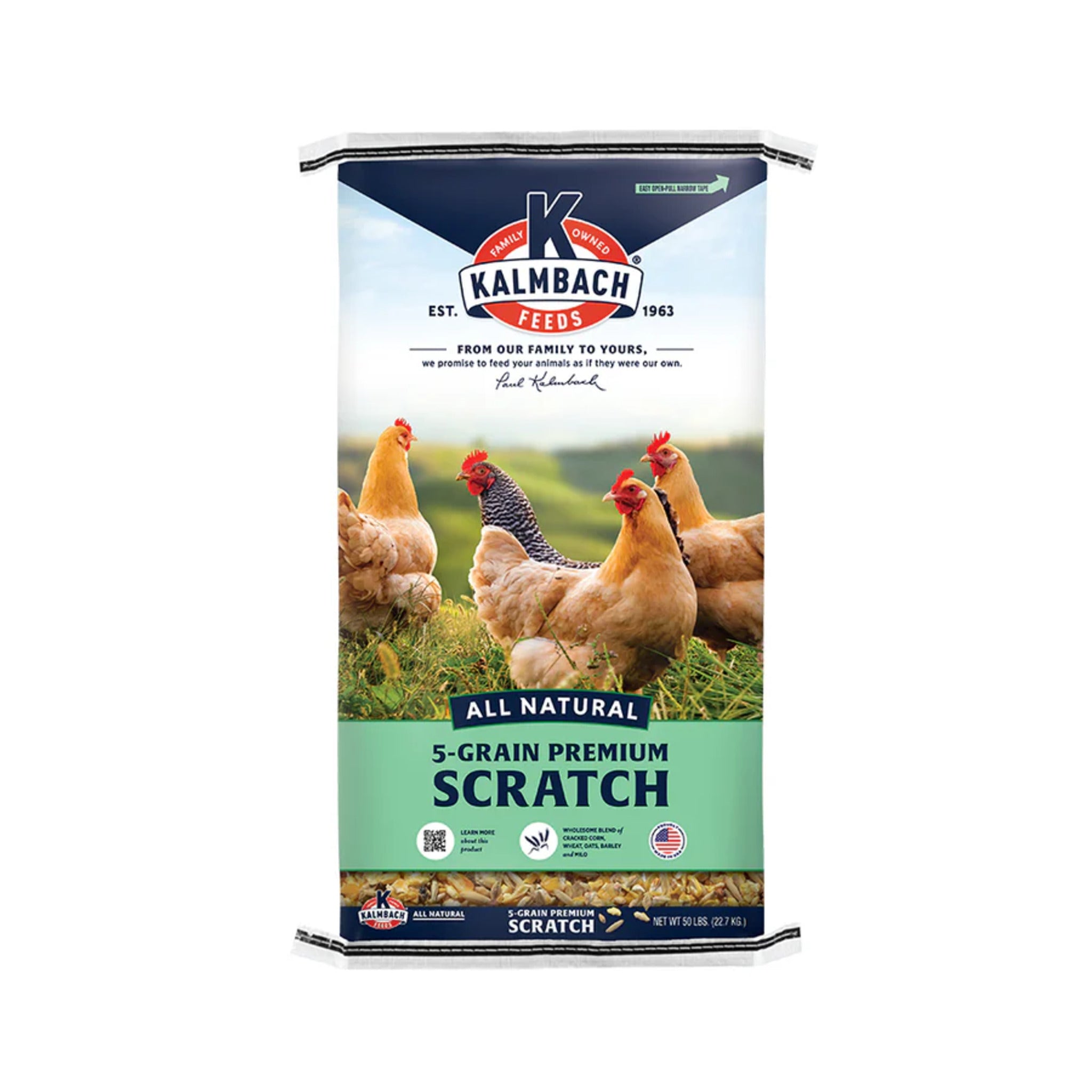 Hatching Time Kalmbach feeds. Front of bag of 5 grain premium scratch. Chickens are on the front of the bag.