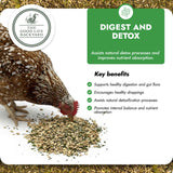 Chicken eating a supplement with 'The Good Life Backyard' branding and text about digestive and detox benefits.