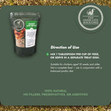 Package of 'The Good Life Backyard' chicken feed with directions on a green background