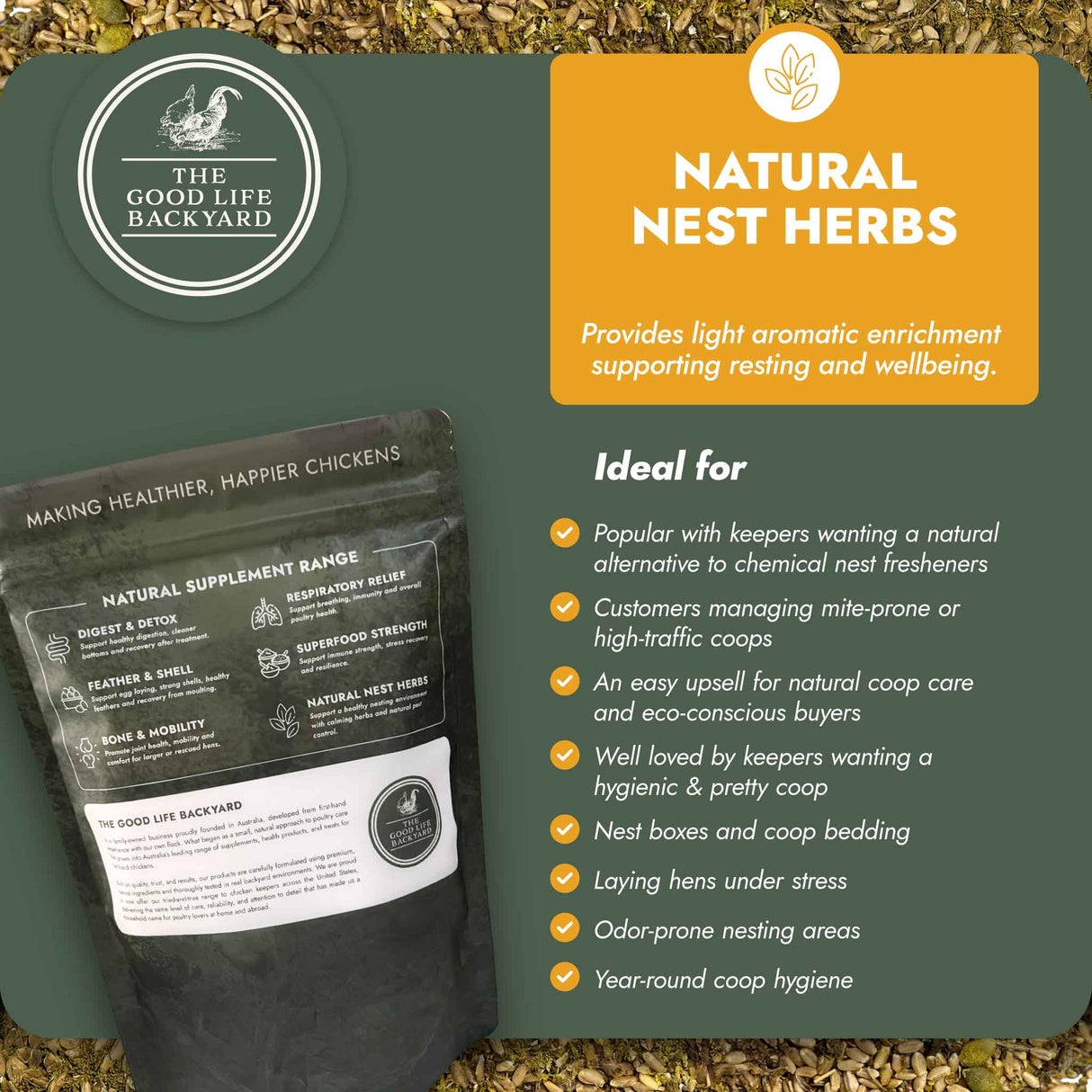 Package of 'Natural Nest Herbs' with branding and product description on a green background
