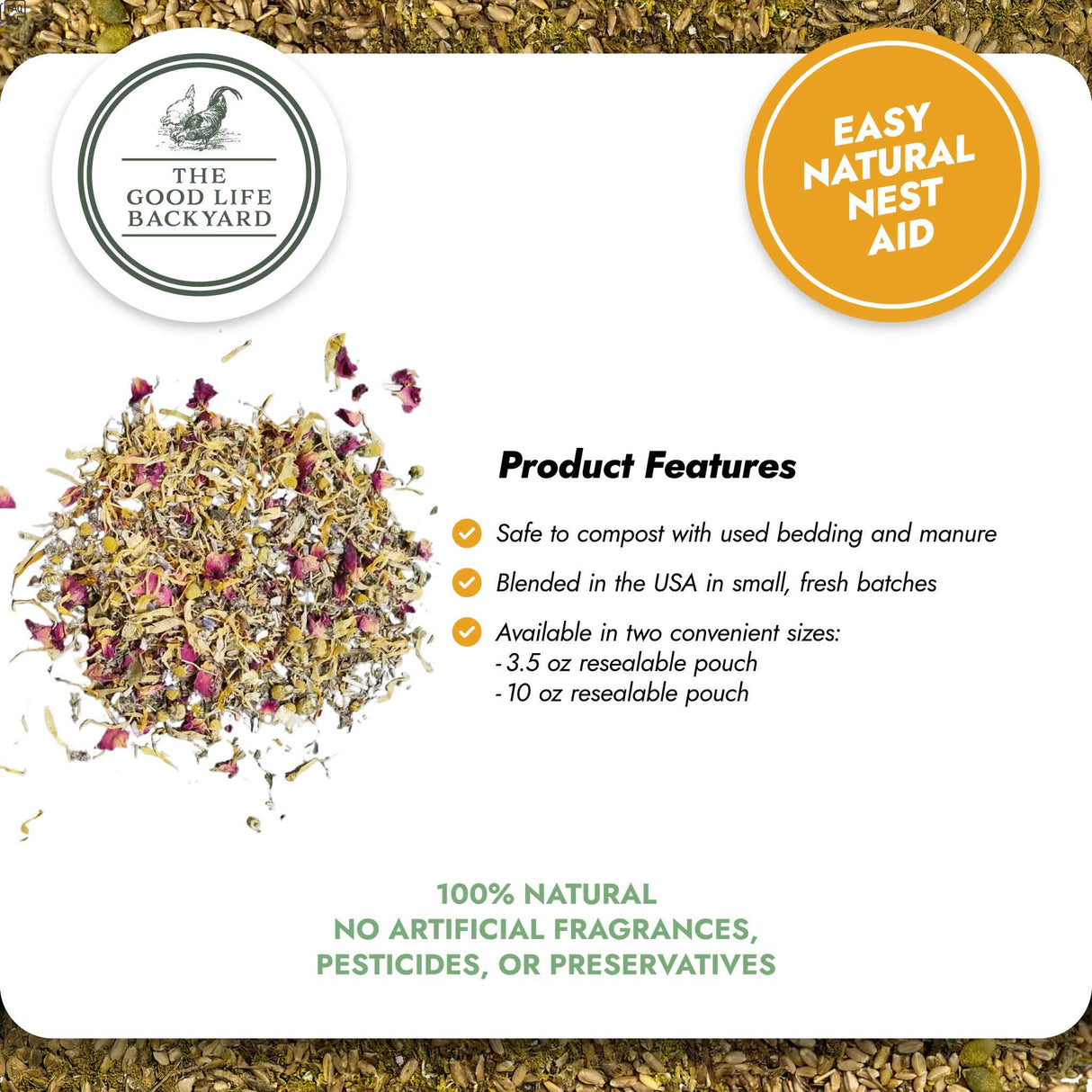 Product packaging for 'Easy Natural Nest Aid' with ingredients and branding details.