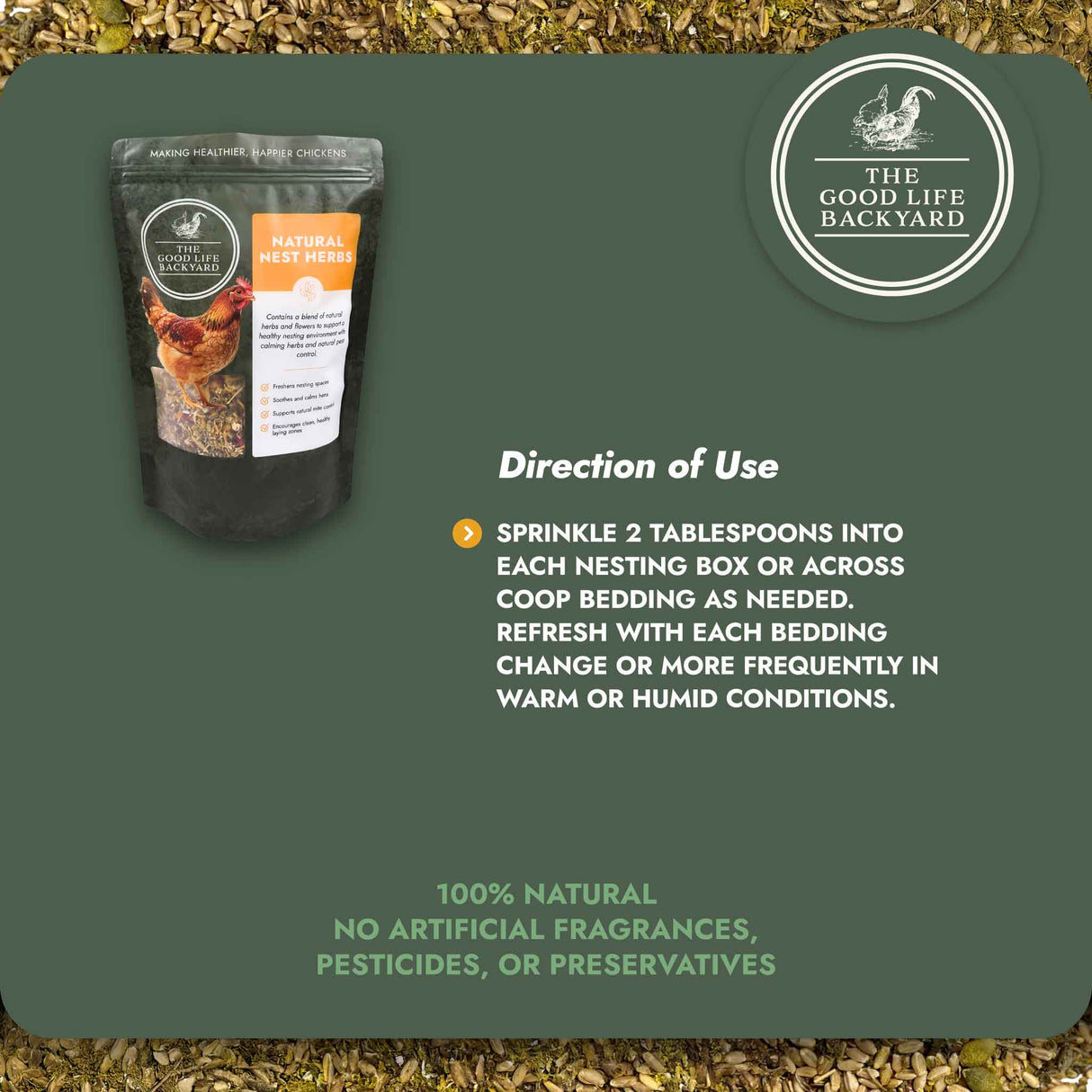 Package of The Good Life Backyard product with directions on a green background