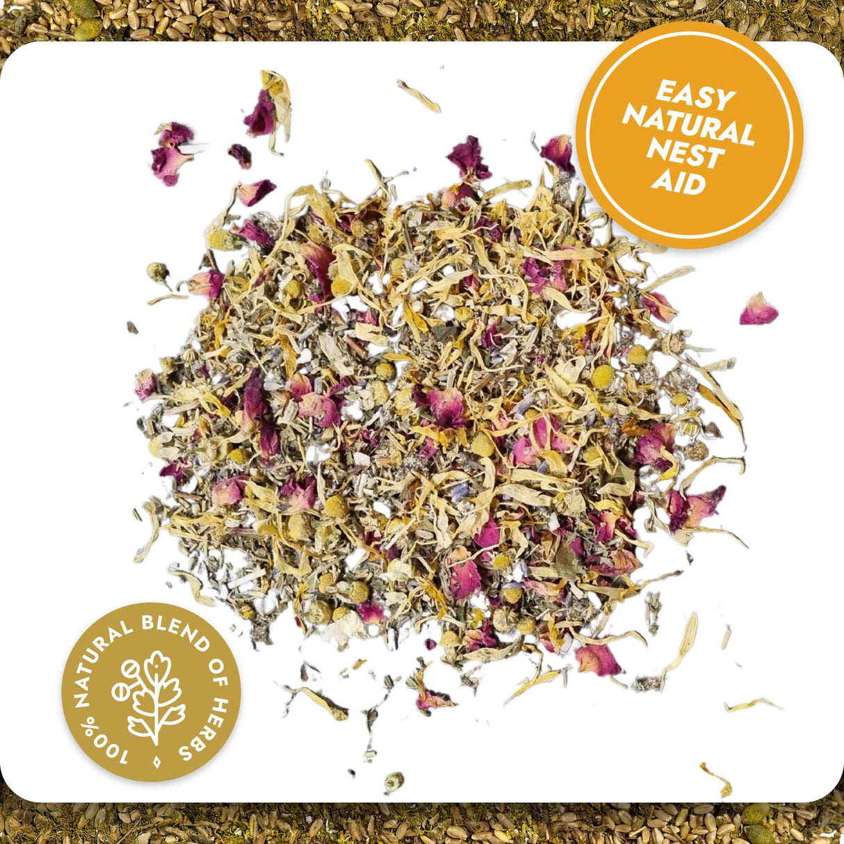 Herbal blend with flowers and leaves on a white background, labeled as 'Easy Natural Nest Aid'.