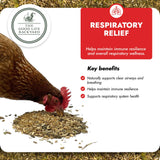 Chicken with respiratory relief product label and benefits on a white background