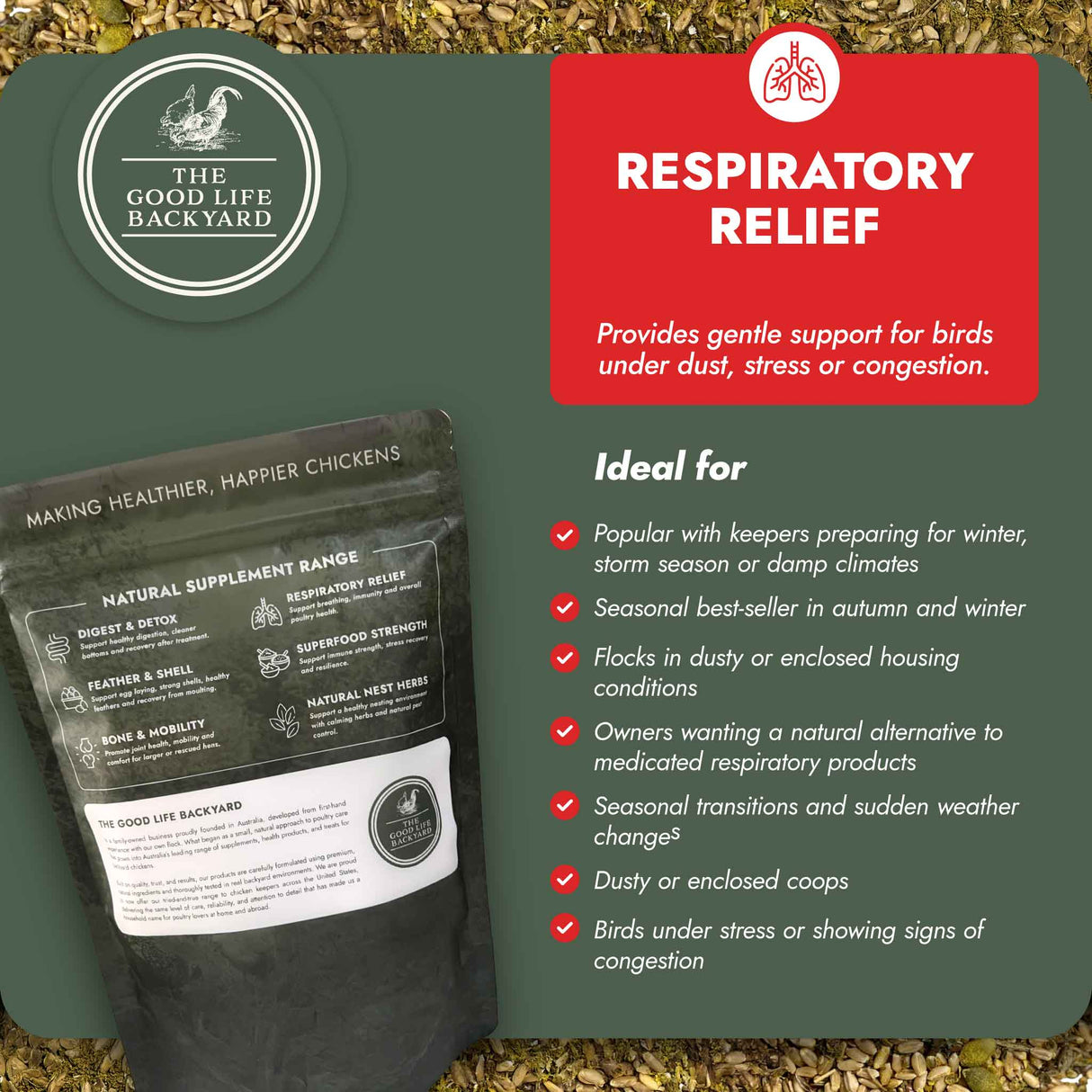 Supplement package for birds with 'The Good Life Backyard' branding and respiratory relief information.