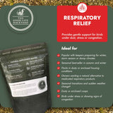 Supplement package for birds with 'The Good Life Backyard' branding and respiratory relief information.