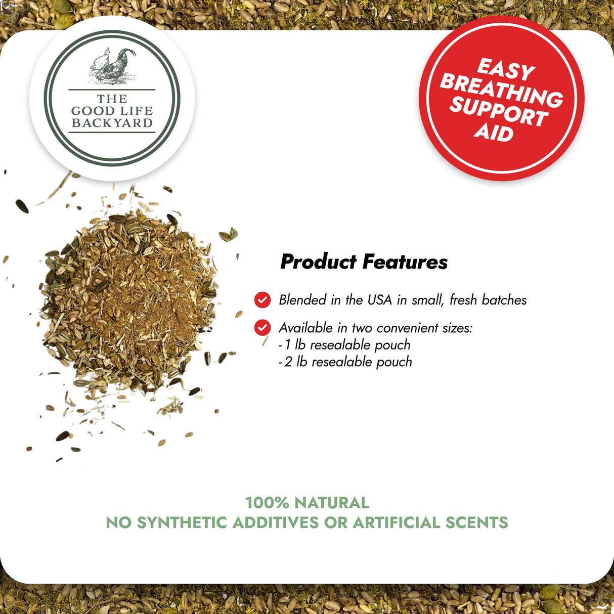 Product packaging for 'The Good Life Backyard' easy breathing support aid with text and a small pile of herbs.