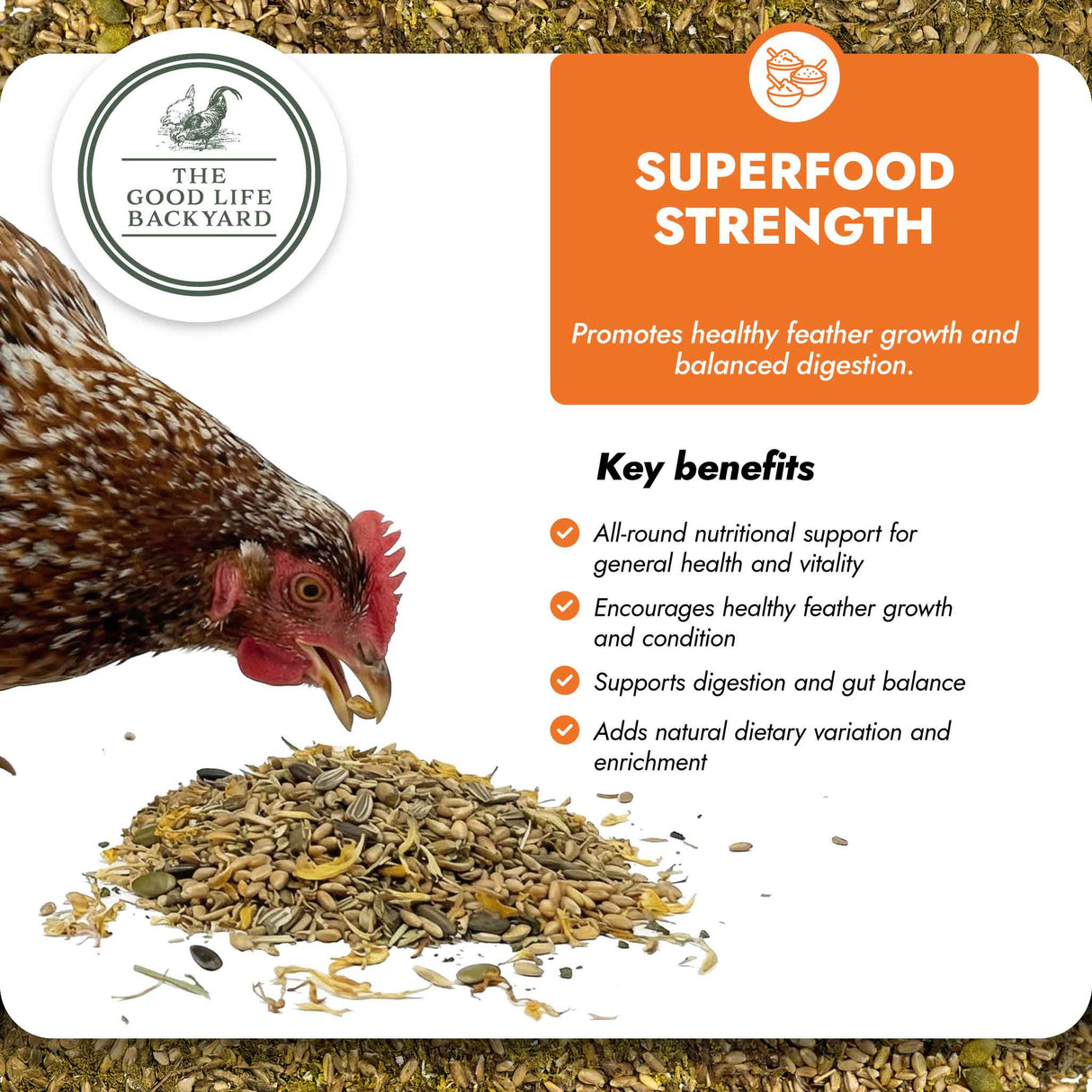 Chicken eating superfood strength product with promotional text and branding.