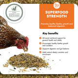 Chicken eating superfood strength product with promotional text and branding.