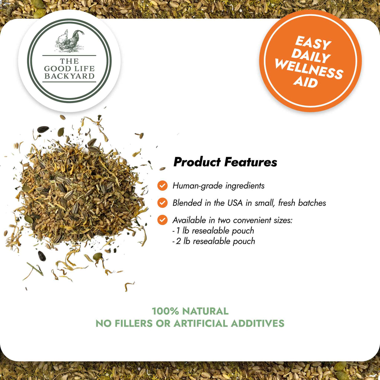 Product packaging for 'The Good Life Backyard' with tea leaves and branding details.