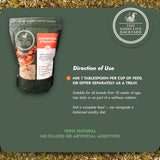 Package of 'The Good Life Backyard' chicken feed with directions on a green background