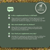 FAQ card about chicken feed from The Good Life Backyard on a green background with chicken feed.