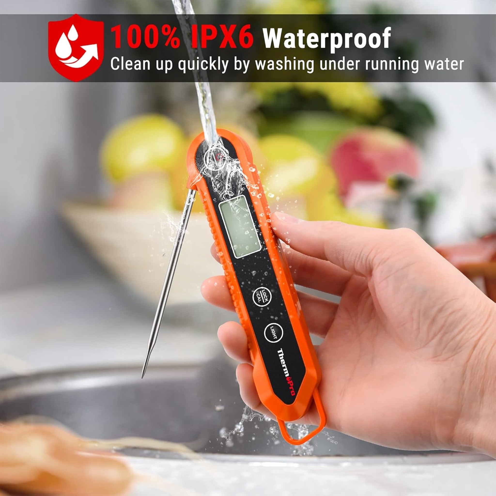 Hatching Time. ThermoPro. Digital thermometer. Image shows thermometer being washed IPX6 waterproof.