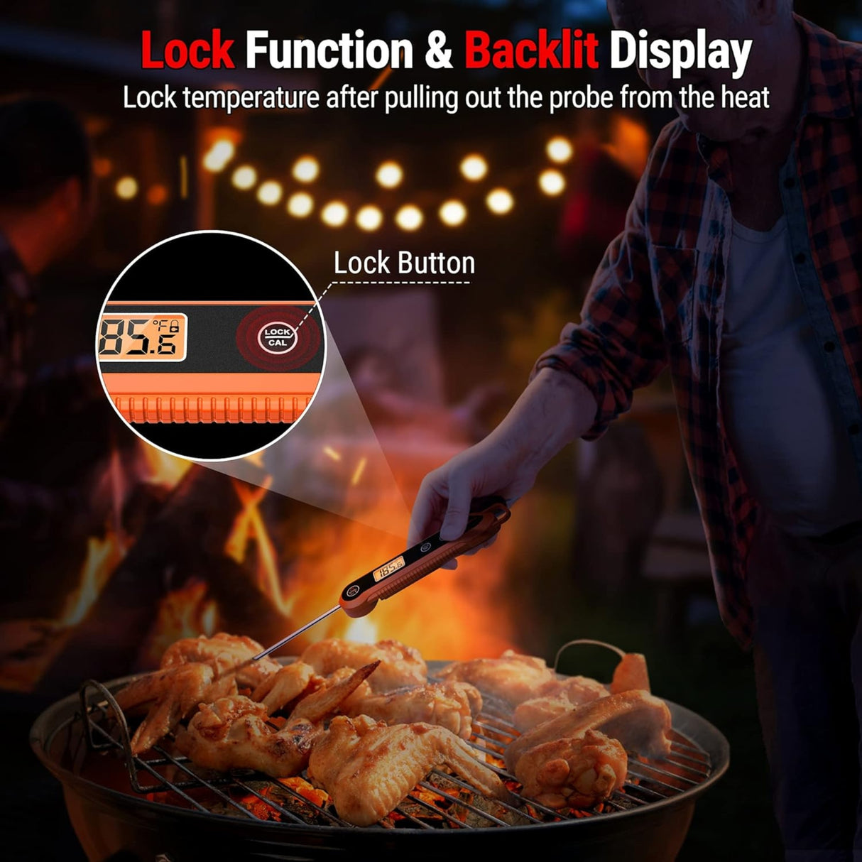 Hatching Time. ThermoPro. Digital thermometer. A person can be seen using thermometer to check chicken on grill.  Lock Function and backlit display.