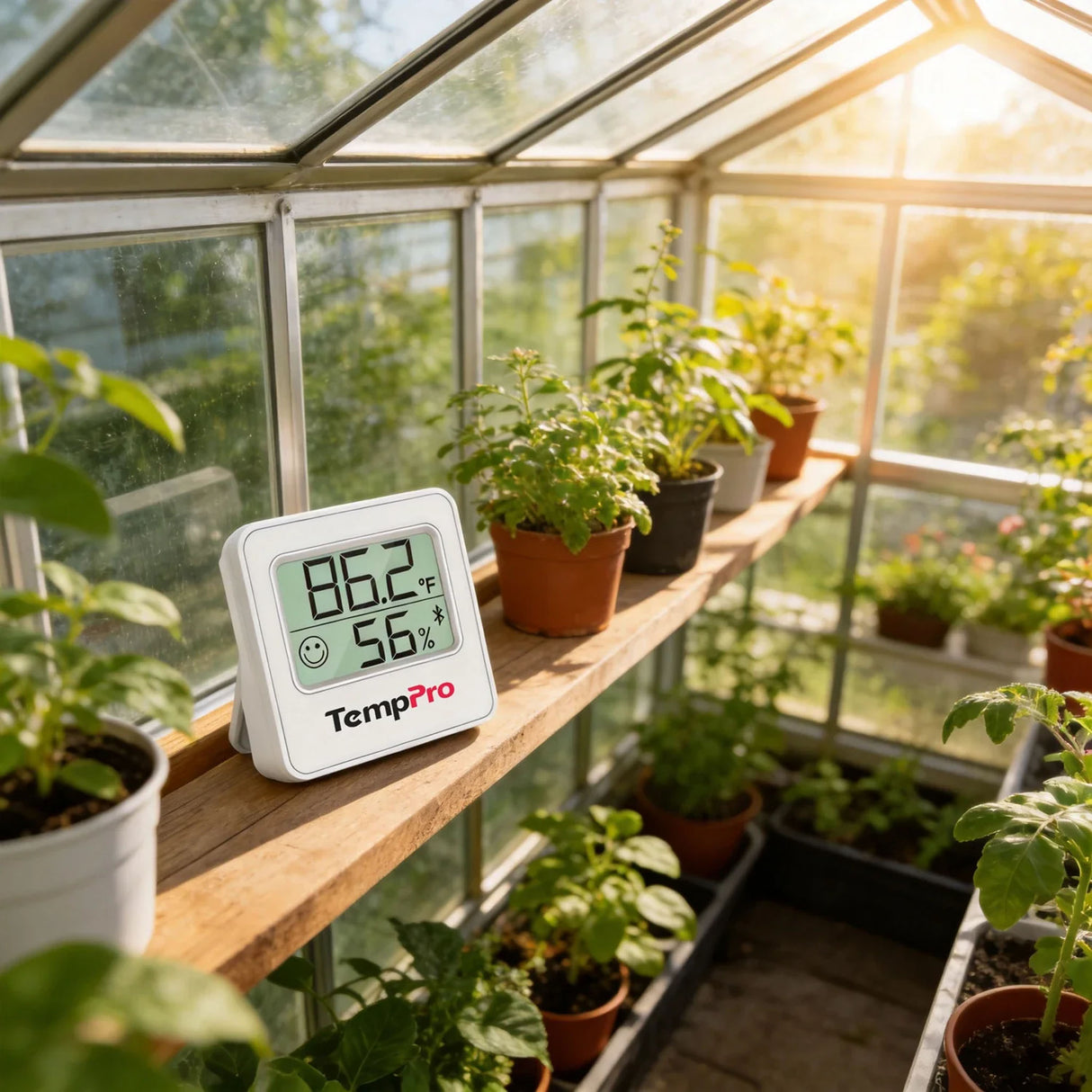 TempPro TP357 Bluetooth Thermometer Hygrometer Monitoring Temperature and Humidity Inside a Greenhouse