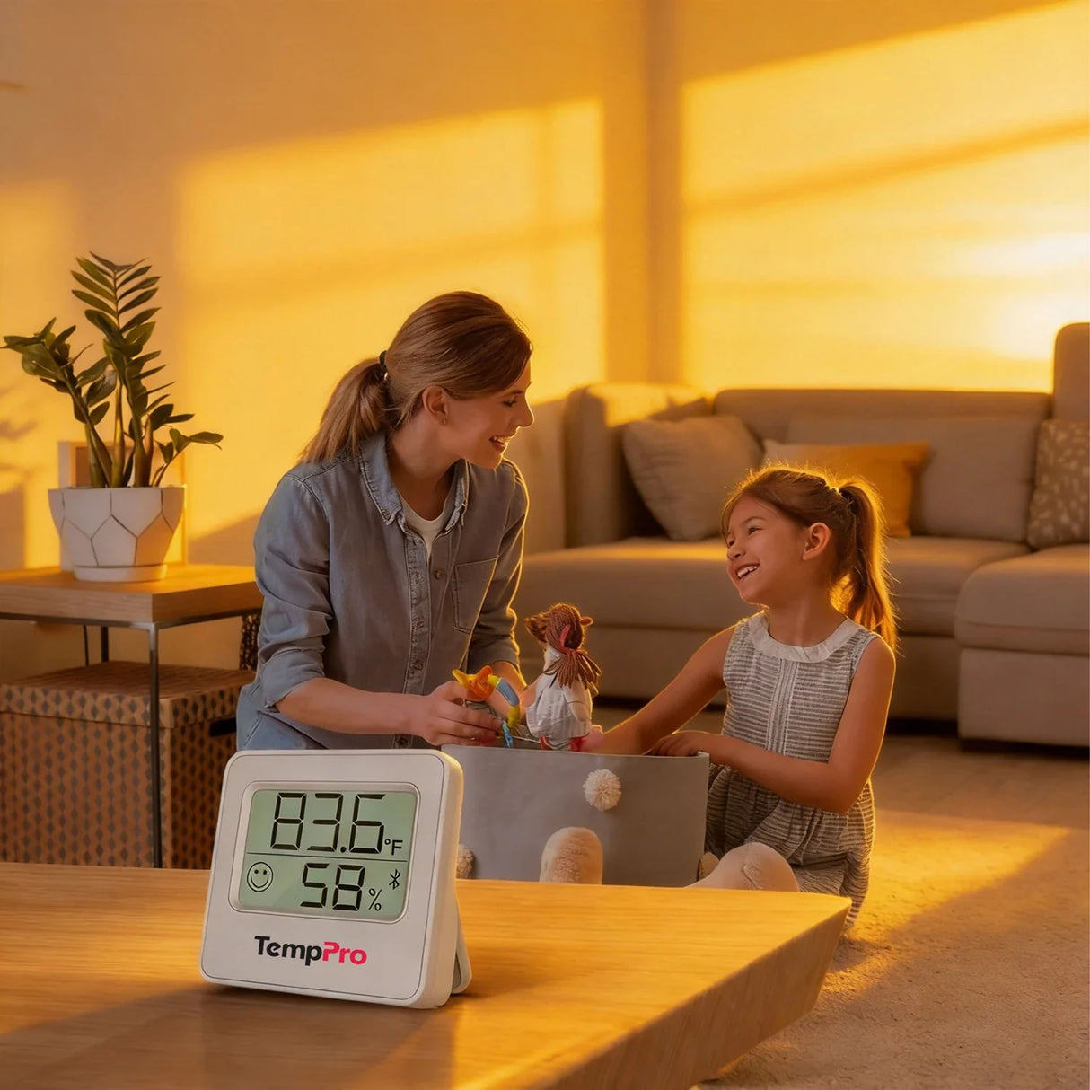 TempPro TP357 Digital Temperature and Humidity Monitor Displayed in a Living Room for Indoor Climate Monitoring