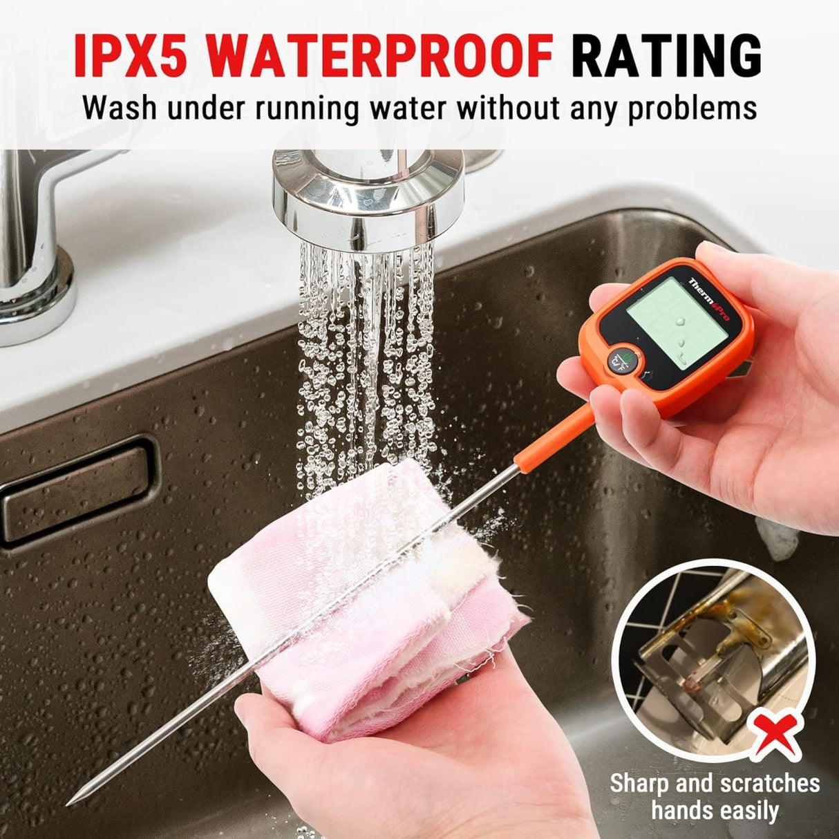 Hatching Time. ThermoPro. Digital thermometer. A person is washing the thermometer to show waterproof IPX5 rating.