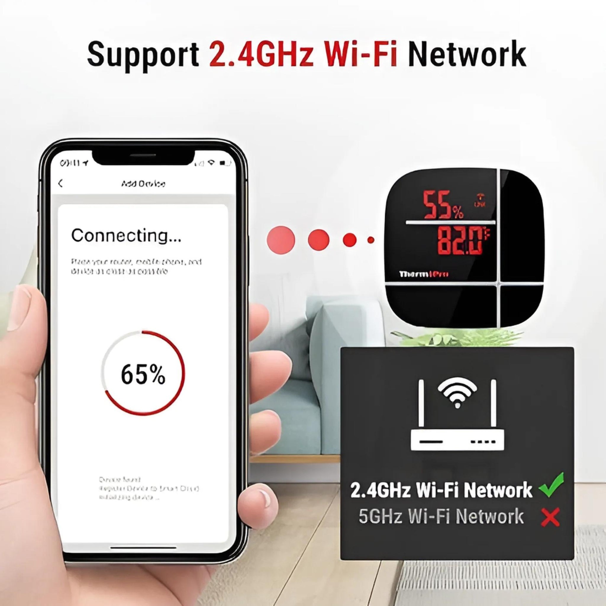 Hatching Time. ThermoPro. Digital thermometer. Supported on 2.4GHz Wi-Fi network only. Phone being held showing connecting to wifi, next to digital display.