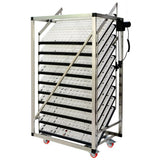 Industrial egg holding setter tray trolley unit with multiple shelves on a white background