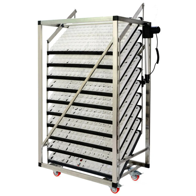 Industrial egg holding setter tray trolley unit with multiple shelves on a white background