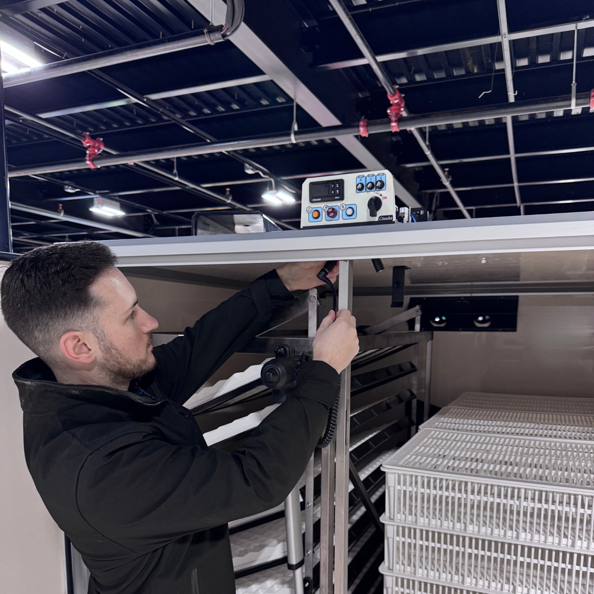 Hatching Time. T series incubator egg turners being connected to digital control by a man in warehouse.