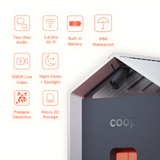 Hatching Time Smart Coop. Info graphic showing features of smart cool. Built-in battery, waterproof, video feed.