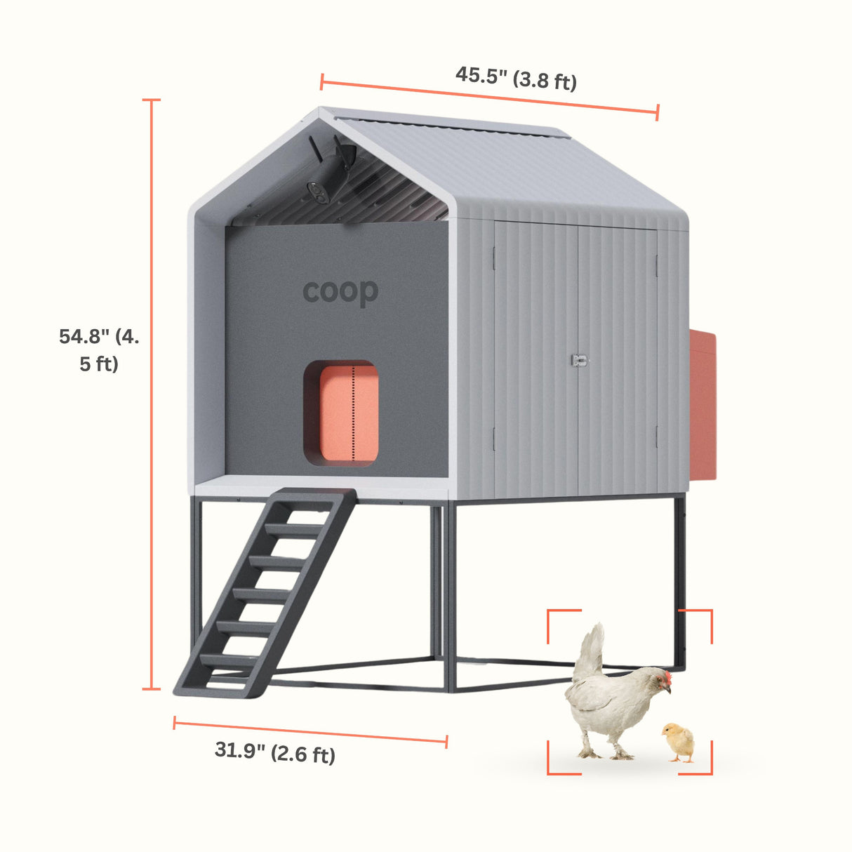 Hatching Time Smart Coop.  Dimensions of chicken coop can be seen 45.5 in long, 31.9 in wide, 54.8 inches tall.