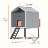 Hatching Time Smart Coop.  Dimensions of chicken coop can be seen 45.5 in long, 31.9 in wide, 54.8 inches tall.